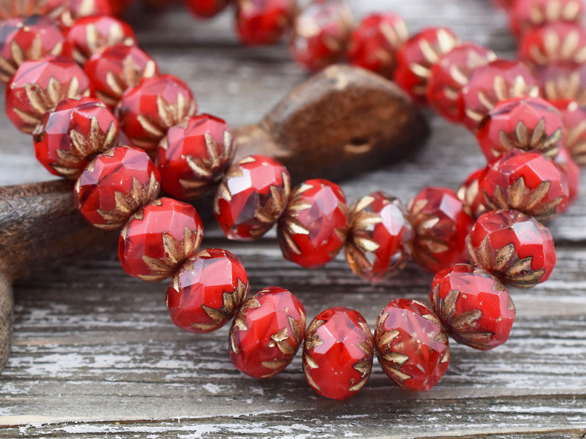 *10* 6x9mm Gold Washed Matte Red Picasso Cruller Rondelle Beads, Women's