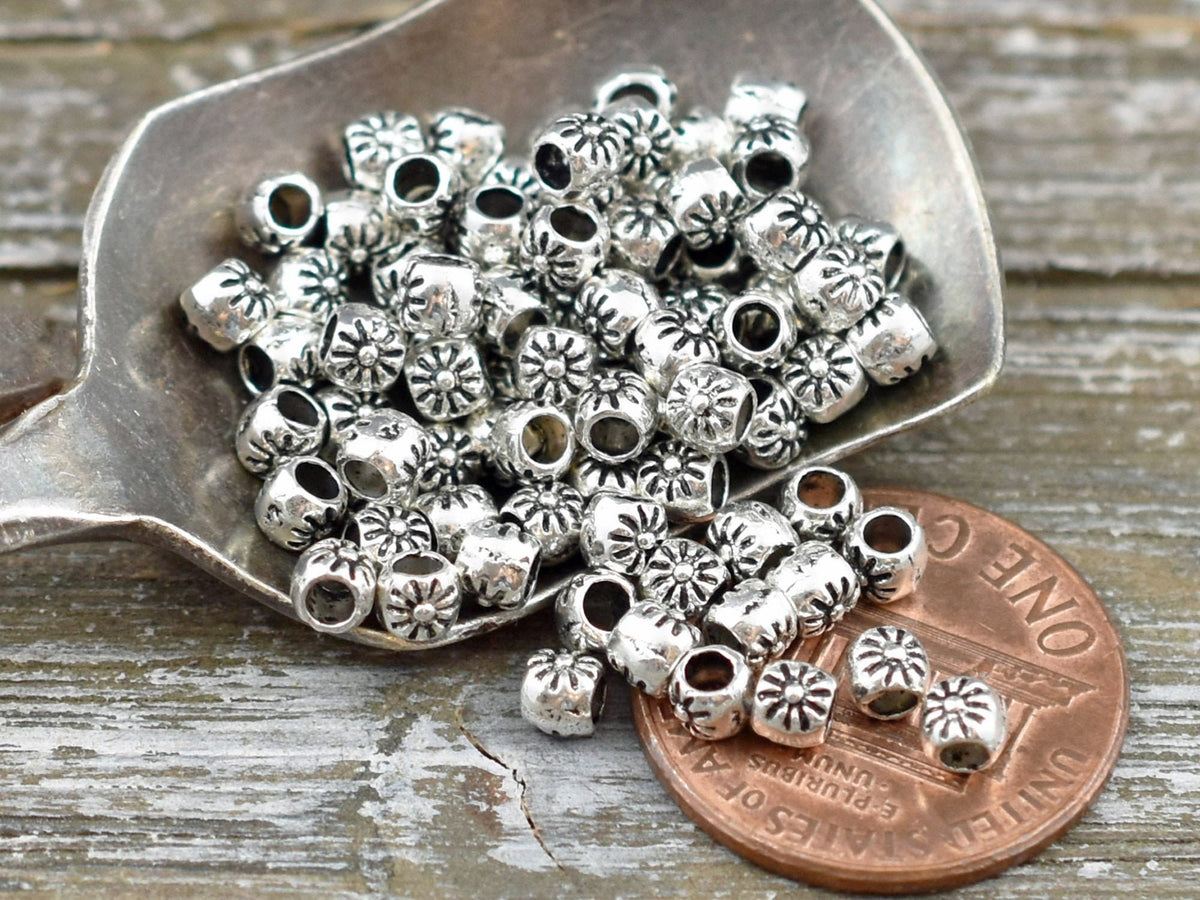 Silver Floral Beads, Barrel Bead with Flower Pattern