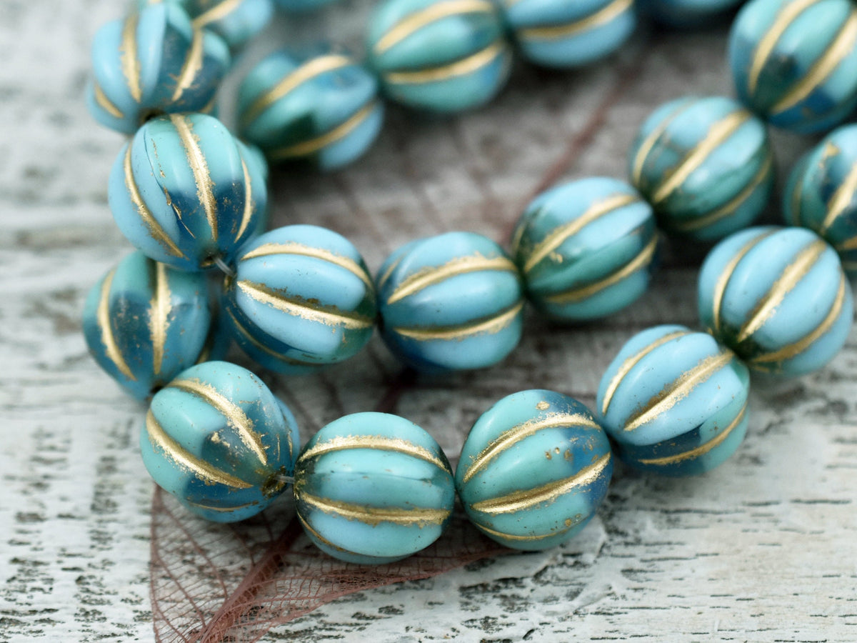 *6* 12mm Gold Washed Etched Blue Aqua AB Round Melon Beads, Women's