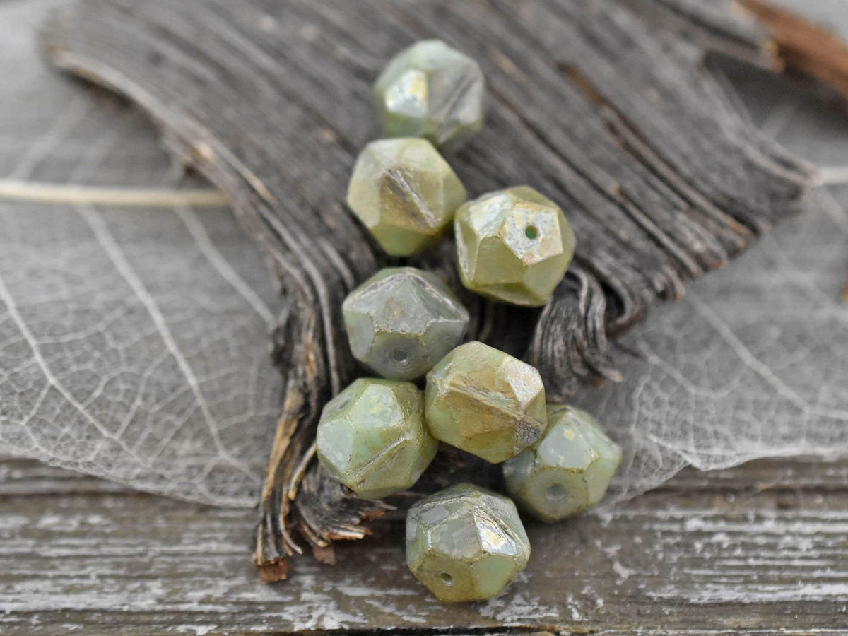 *10* 10mm Sage Green Picasso Luster English Cut Round Beads