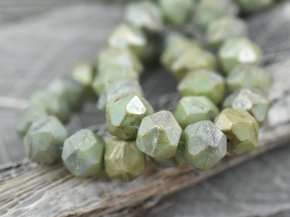 *10* 10mm Sage Green Picasso Luster English Cut Round Beads