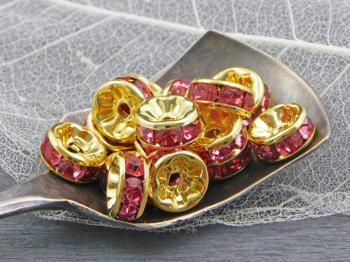 Rose Gold w/ Crystal Rhinestone Wavy Edge Rondelle Spacer Beads