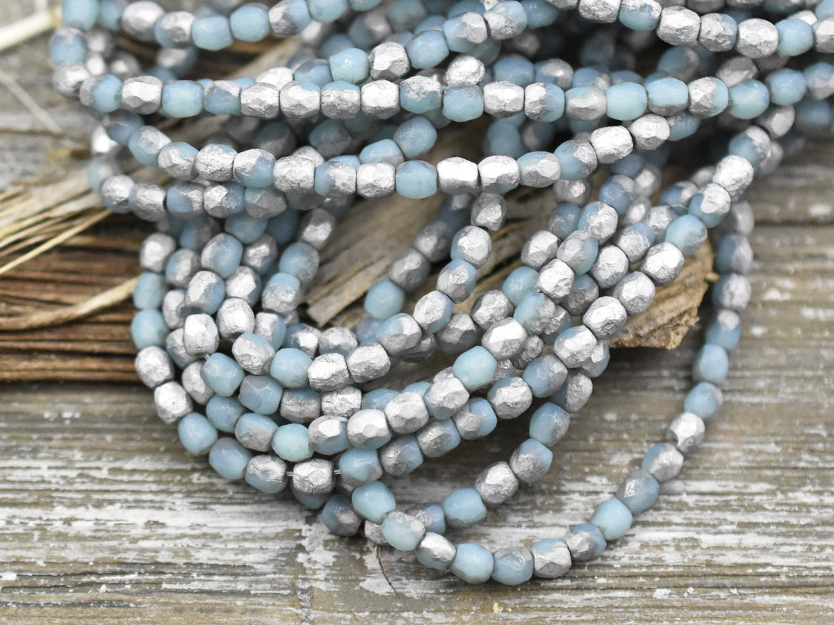 3mm Round Glass Beads - Etched Teal Blue Metallic - 50 Beads