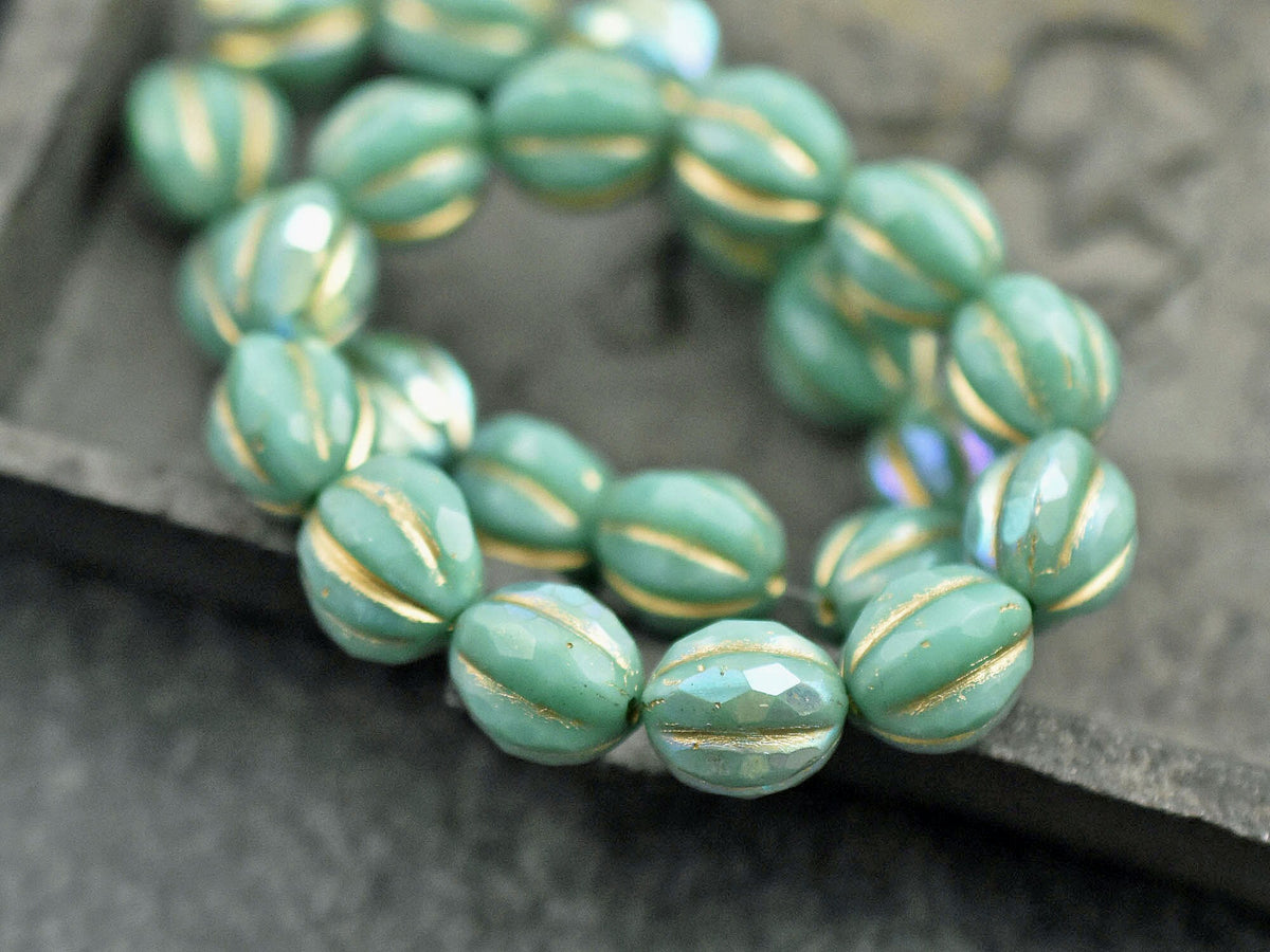 15* 12mm Gold Washed Turquoise & Sea Green Round Melon Beads – The Bead  Obsession
