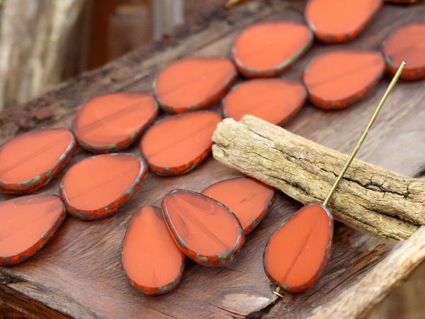 *8* 12x18mm Orange Opaline Picasso Table Cut Flat Teardrop Beads