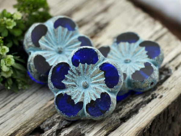 *2* 21mm Turquoise Washed Sapphire Hibiscus Flower Beads