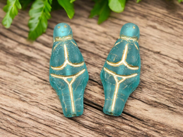 *4* 21x10mm Gold Washed Matte Aqua Goddess Beads