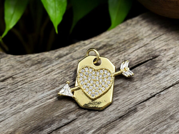 17x22mm 18k Gold Plated Brass Micro Pave Cubic Zirconia Heart & Arrow Charm