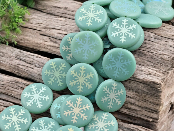 *8* 17mm Opaque Turquoise Satin AB Laser Tattoo Snowflake Coin Beads