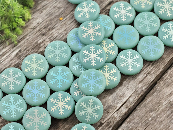 *8* 17mm Opaque Turquoise Satin AB Laser Tattoo Snowflake Coin Beads