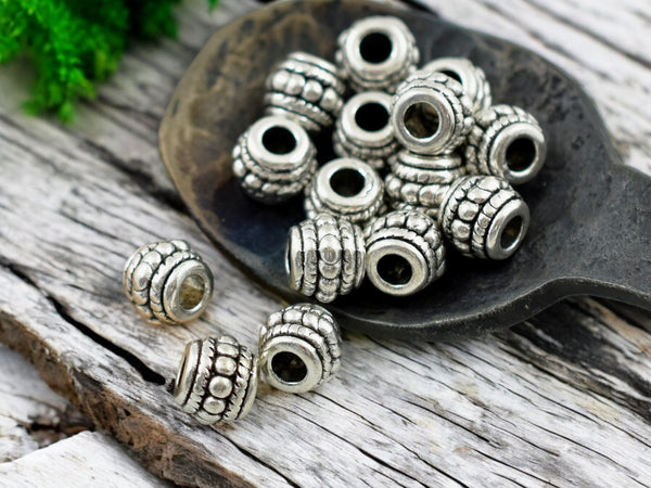 *50* 6x8mm Antique Silver Large Hole Drum Beads