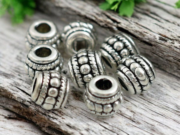 *50* 6x8mm Antique Silver Large Hole Drum Beads