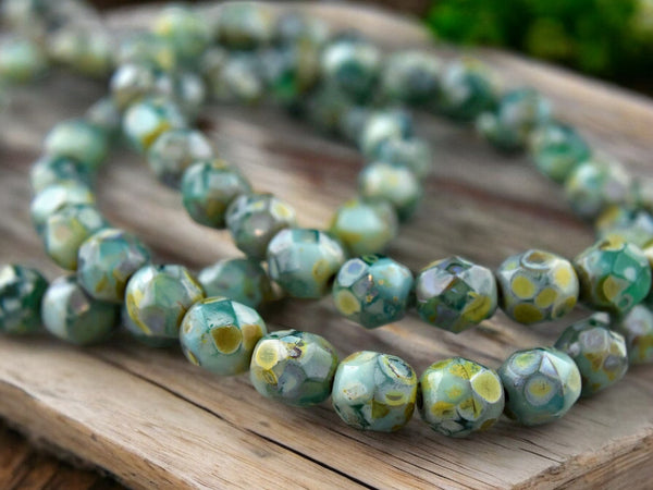 *25* 6mm Rustic Green Picasso Fire Polished Round Beads