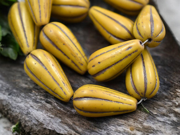 *6* 22x11mm Brown Washed Mustard Yellow Melon Drop Beads