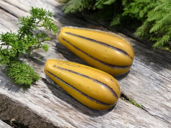 *6* 22x11mm Brown Washed Mustard Yellow Melon Drop Beads