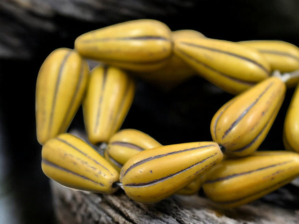 *6* 22x11mm Brown Washed Mustard Yellow Melon Drop Beads