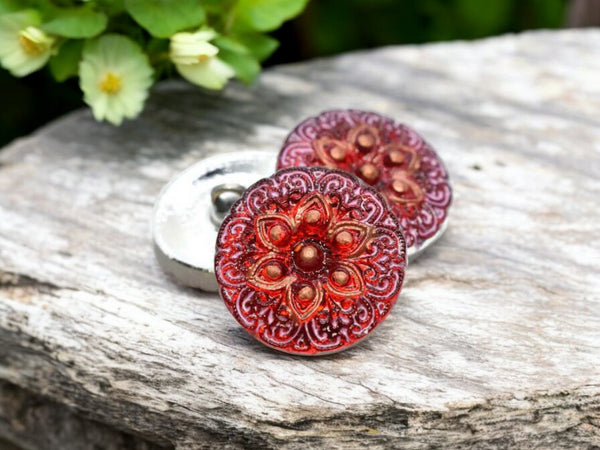 18mm Arabian Star Button Scarlet Red with Pink Wash and Copper Center -- Czech Glass Buttons