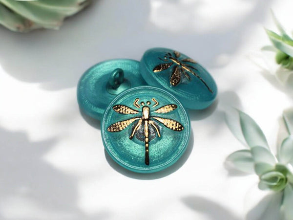 18mm Dragonfly Button Tiffany with a Gold Dragonfly - Czech Glass Buttons