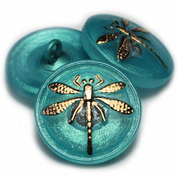 18mm Dragonfly Button Tiffany with a Gold Dragonfly - Czech Glass Buttons