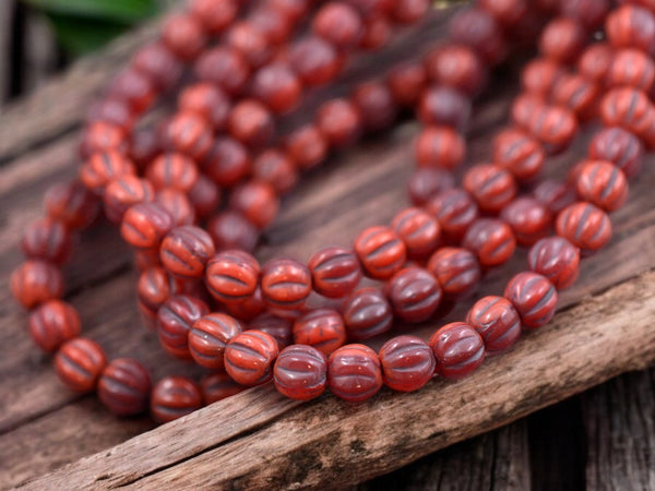 *50* 4mm Brown Washed Ladybug Red Round Melon Beads