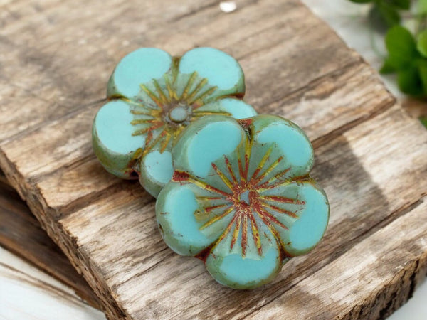 21mm Turquoise Picasso Hibiscus Flower Bead - 2 Beads