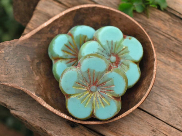 21mm Turquoise Picasso Hibiscus Flower Bead - 2 Beads