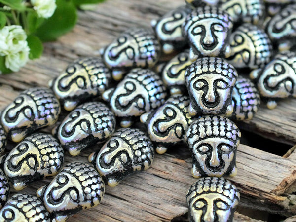 *4* 15x14mm Black Washed Beige AB Luster Buddha Head Beads