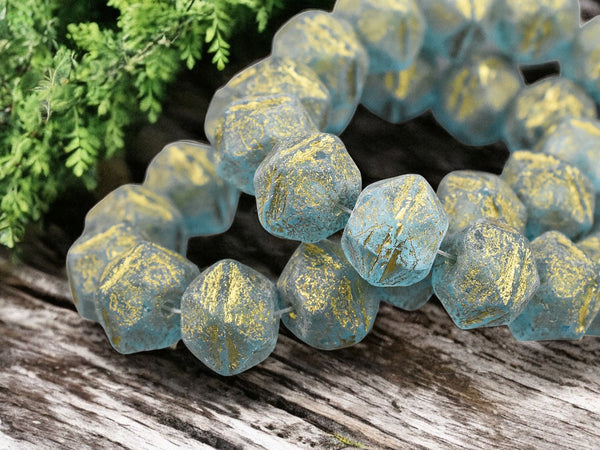 *15* 10mm Gold Washed Etched Matte  Blue Aqua Antique Cut Round Beads