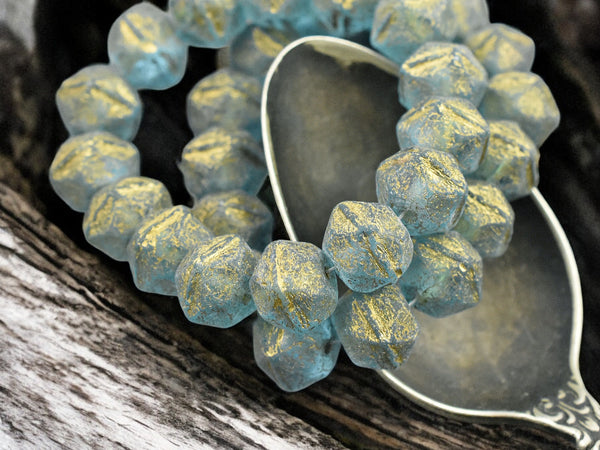 *15* 10mm Gold Washed Etched Matte  Blue Aqua Antique Cut Round Beads