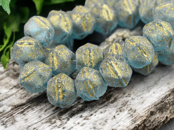 *15* 10mm Gold Washed Etched Matte  Blue Aqua Antique Cut Round Beads