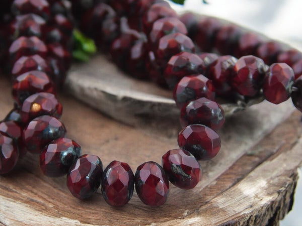 *30* 3x5mm Dark Red Opaline Picasso Fire Polished Rondelle Beads