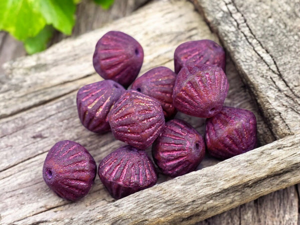 *15* 11mm Pink Washed Etched Magenta Purple Carved Bicone Beads