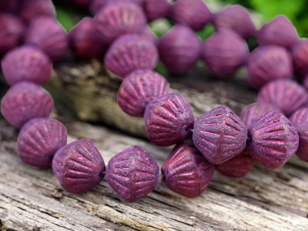 *15* 11mm Pink Washed Etched Magenta Purple Carved Bicone Beads