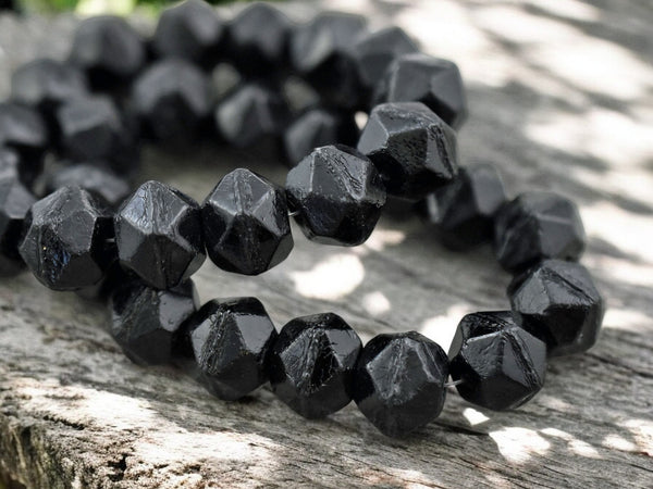 *15* 10mm Jet Black Antique Cut Round Beads