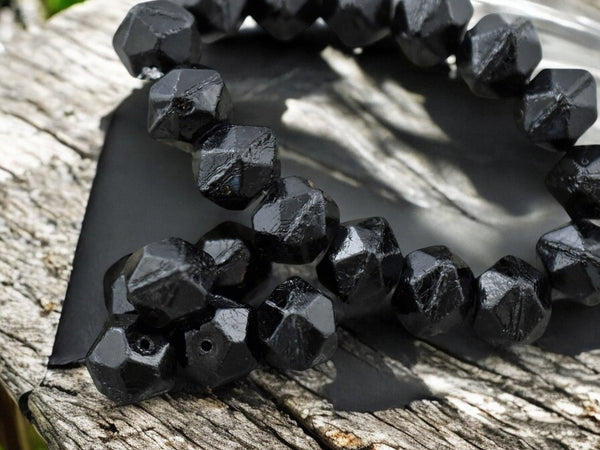 *15* 10mm Jet Black Antique Cut Round Beads