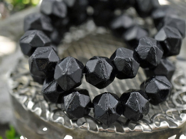 *15* 10mm Jet Black Antique Cut Round Beads