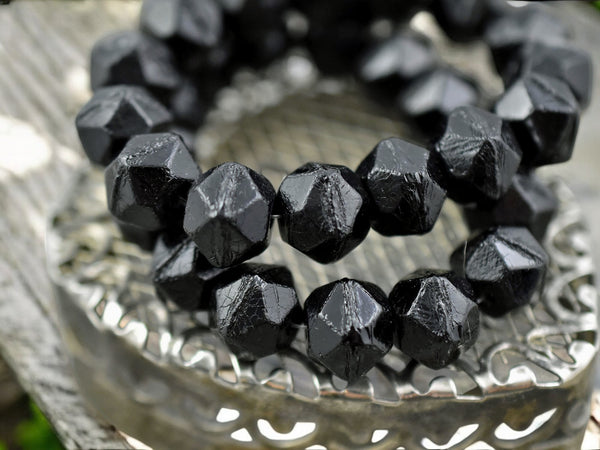 *15* 10mm Jet Black Antique Cut Round Beads