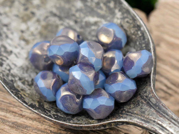 *15* 8mm Bronze Washed Blue Opaline Central Cut Round Beads