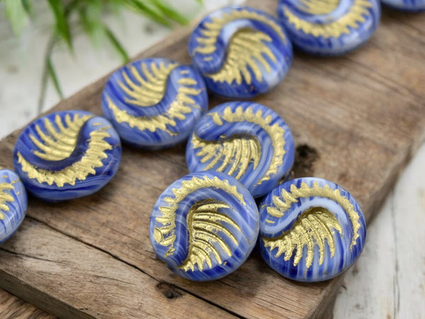 *6* 19mm Gold Washed Blue Hurricane Fossil Coin Beads