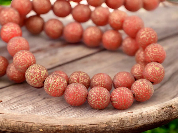 Gold Washed Etched Crimson Red Round Druk Beads