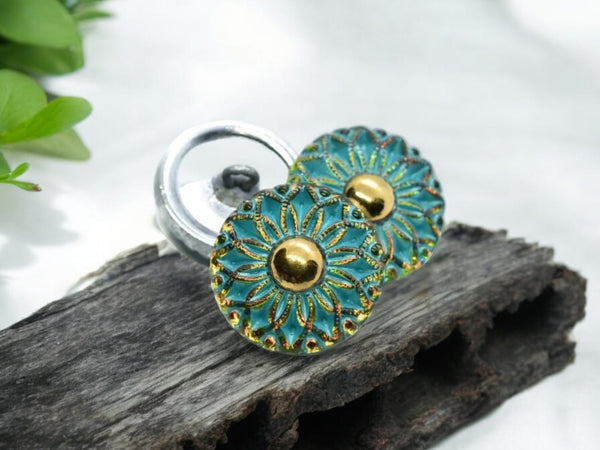 18mm Collarette Flower Button Vitrail Medium with Gold Accents and a Turquoise Wash - Czech Glass Buttons