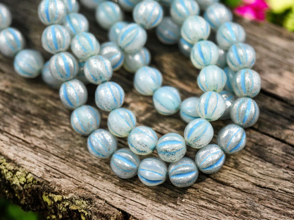 *25* 6mm Turquoise Washed Aqua Mercury Fluted Round Melon Beads