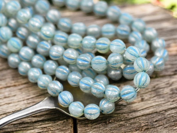 *25* 6mm Turquoise Washed Aqua Mercury Fluted Round Melon Beads