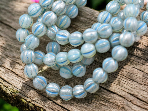 *25* 6mm Turquoise Washed Aqua Mercury Fluted Round Melon Beads