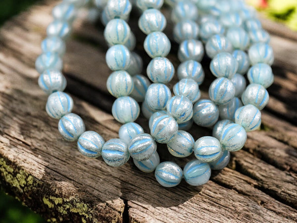 *25* 6mm Turquoise Washed Aqua Mercury Fluted Round Melon Beads