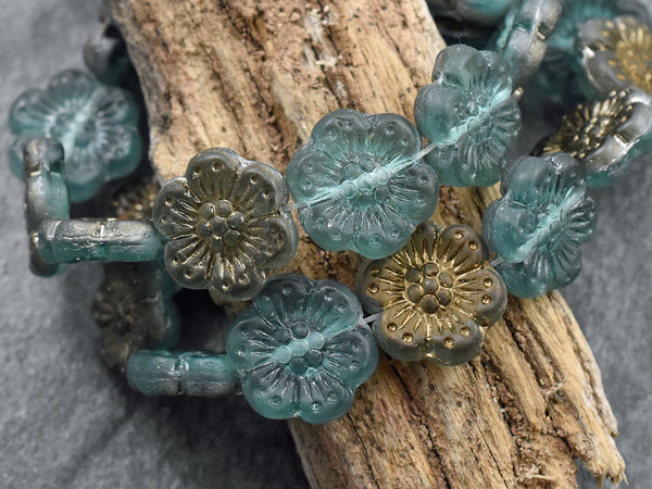 14mm 1/2 Antique Bronze Washed Dark Teal Aqua Wildflower Beads