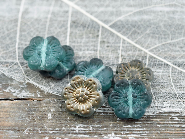 14mm 1/2 Antique Bronze Washed Dark Teal Aqua Wildflower Beads