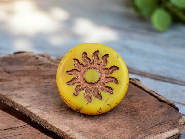 *2* 21mm Bronze Washed Matte Dandelion Yellow Sun Design Coin Beads