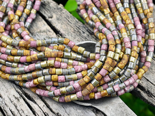 6/0 Aged Pink Medley Picasso Bugle Tube Seed Bead Mix (21" Strand)