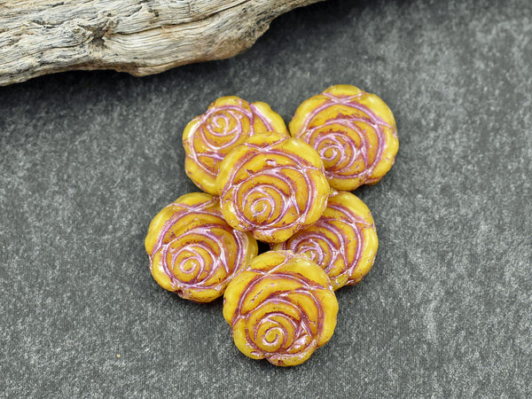 *6* 14mm Pink Washed Sunflower Yellow Rose Flower Beads